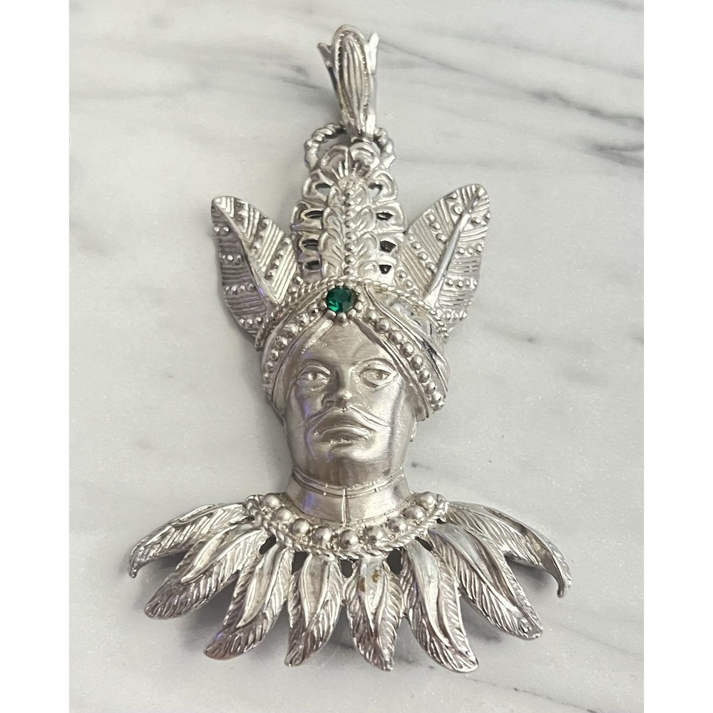 Lucien Piccard Signed Vintage Silver Toned Asian Man Pendant Warrior‎ Emerald